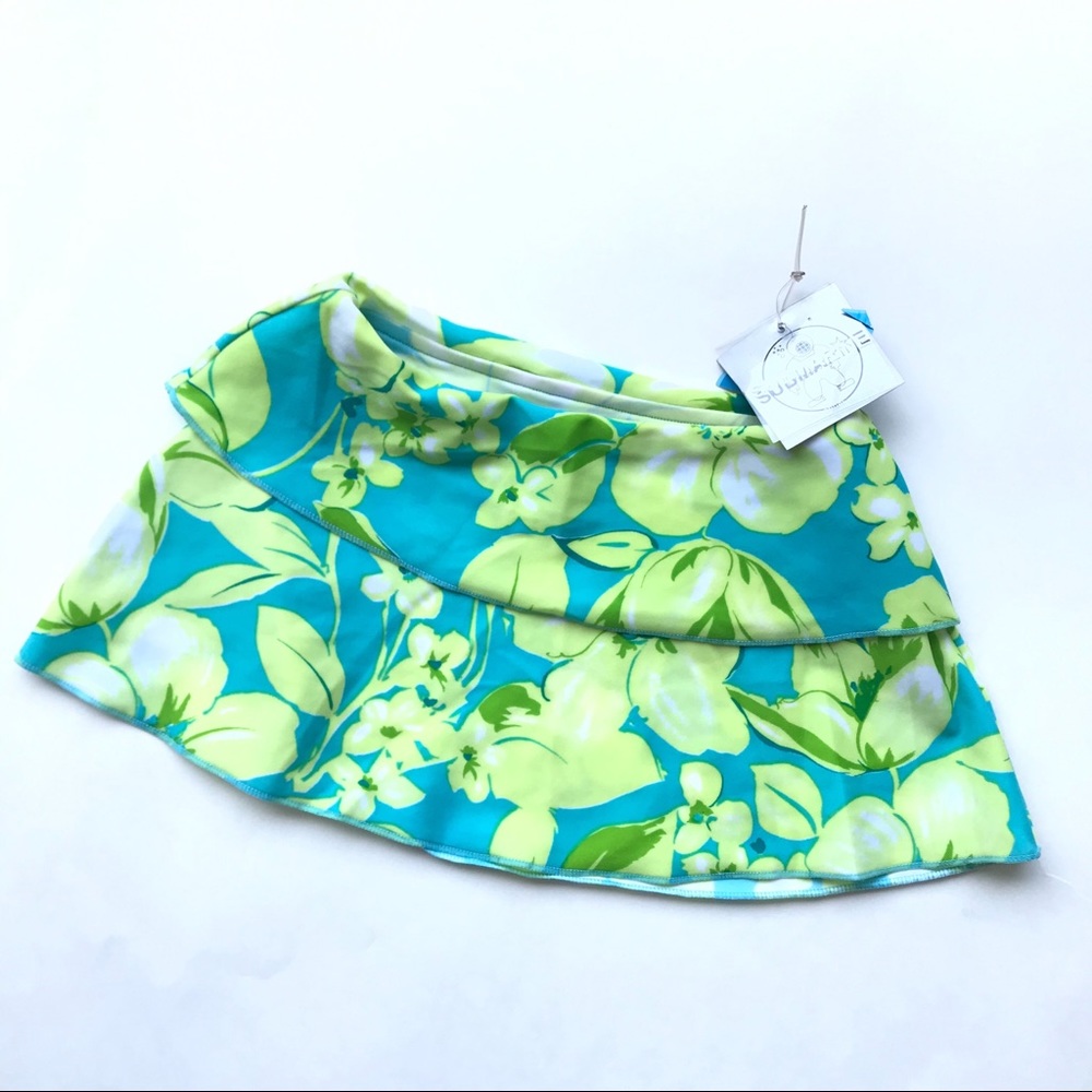 NWT Submarine Green  Blue Flower Swimsuit Cover Up Lycra Skirt Girls 4 4T NEW